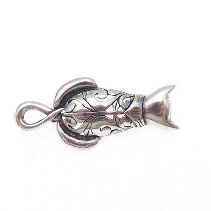 Jezlaine 925 Sterling Silver Vintage Cat Floral Scroll Oxidized Pin Brooch