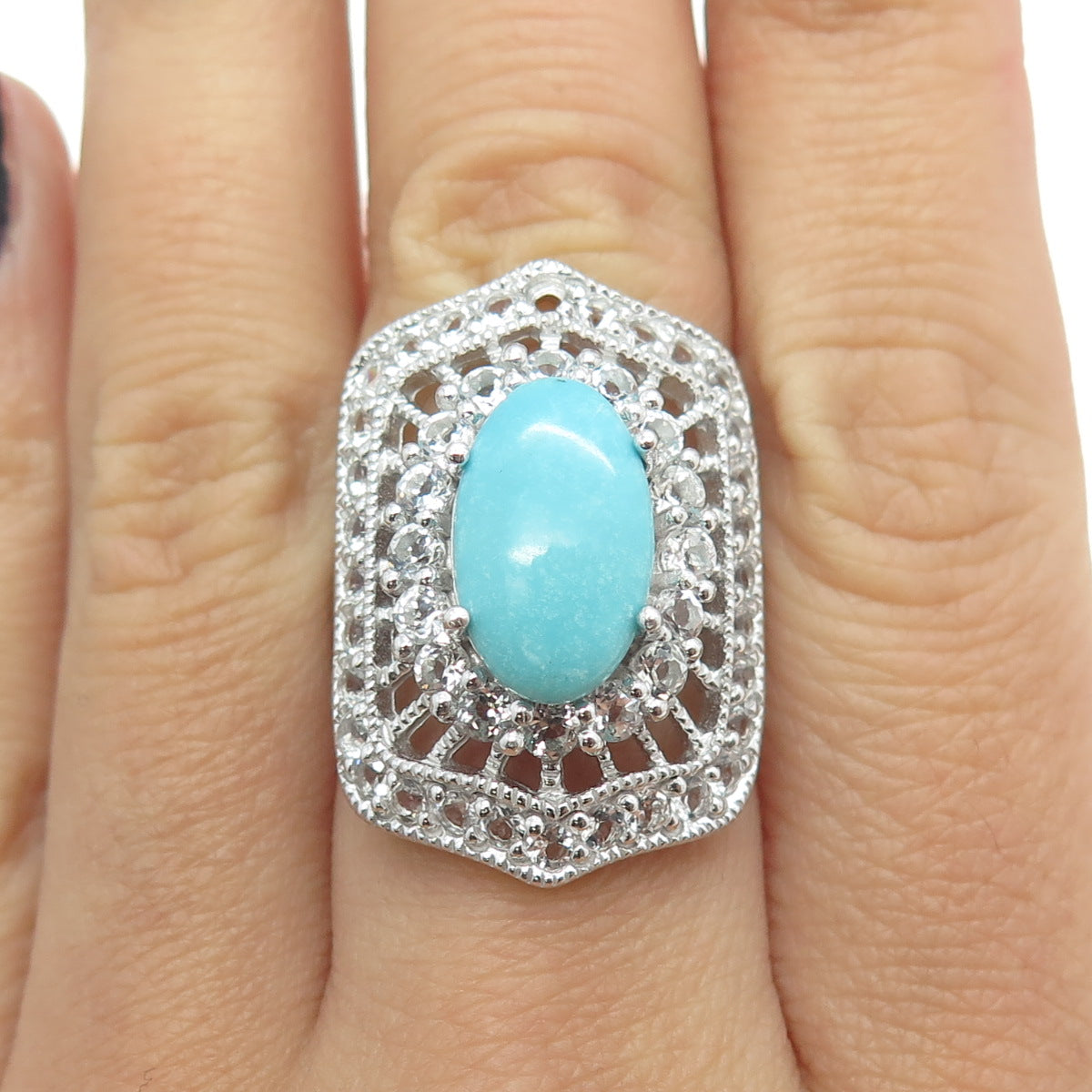 925 Sterling Silver Real Turquoise & White Topaz Bohemian Ring Size 6