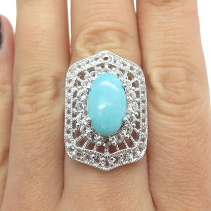 925 Sterling Silver Real Turquoise & White Topaz Bohemian Ring Size 6