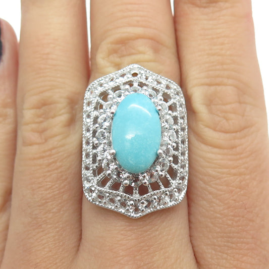 925 Sterling Silver Real Turquoise & White Topaz Bohemian Ring Size 6