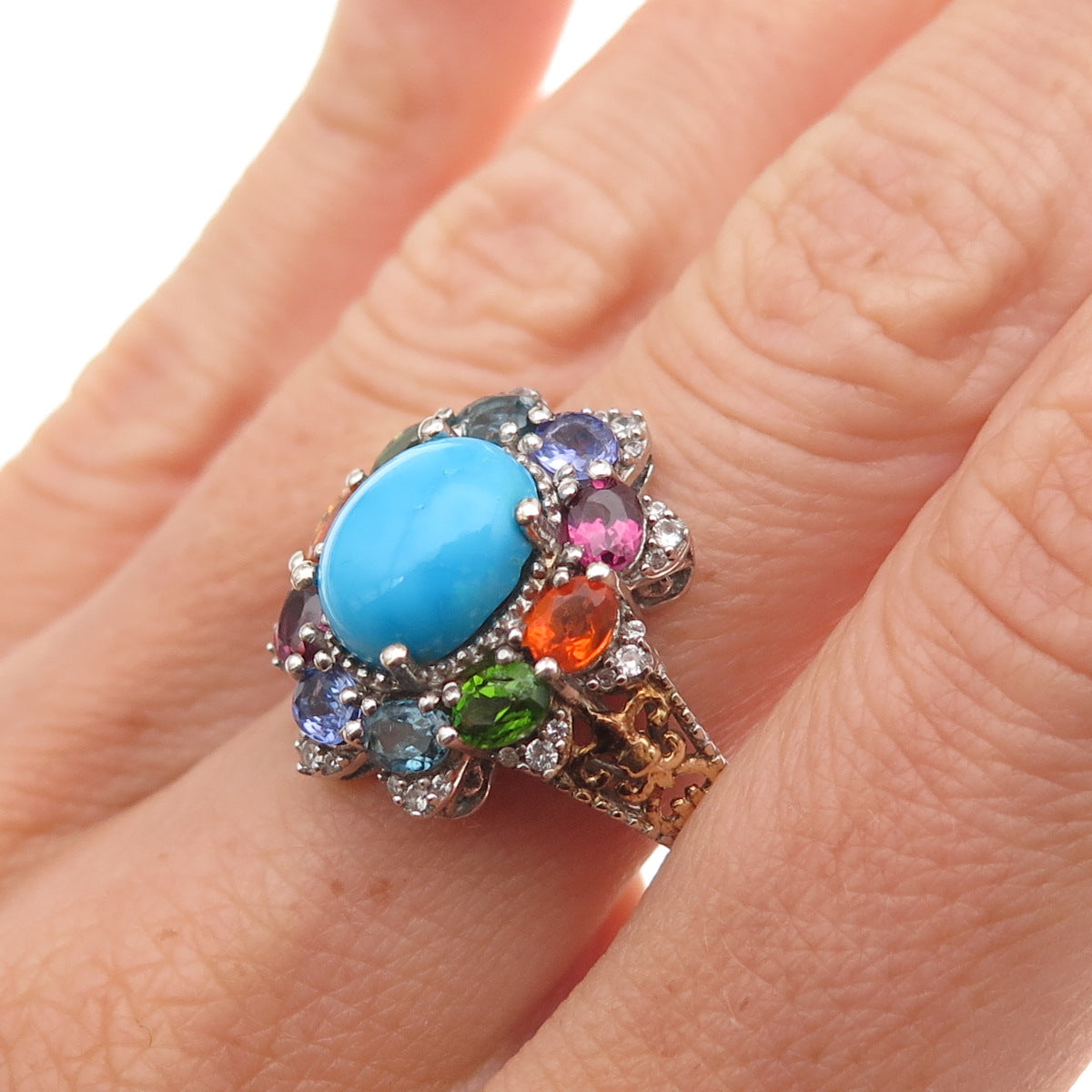 Chuck Clemency 925 Sterling Silver Real Turquoise & Multi-Color Gem Ring Size 8