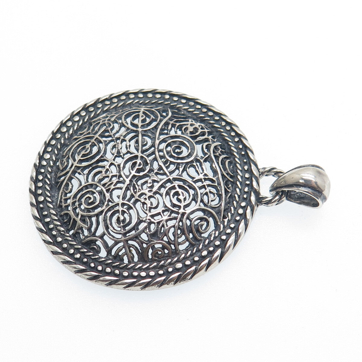 925 Sterling Silver Vintage Spiral Filigree Oxidized Charm Pendant