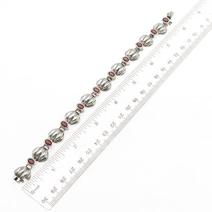 925 Sterling Silver Vintage Real Red Garnet Modernist Shell Link Bracelet 7.75"