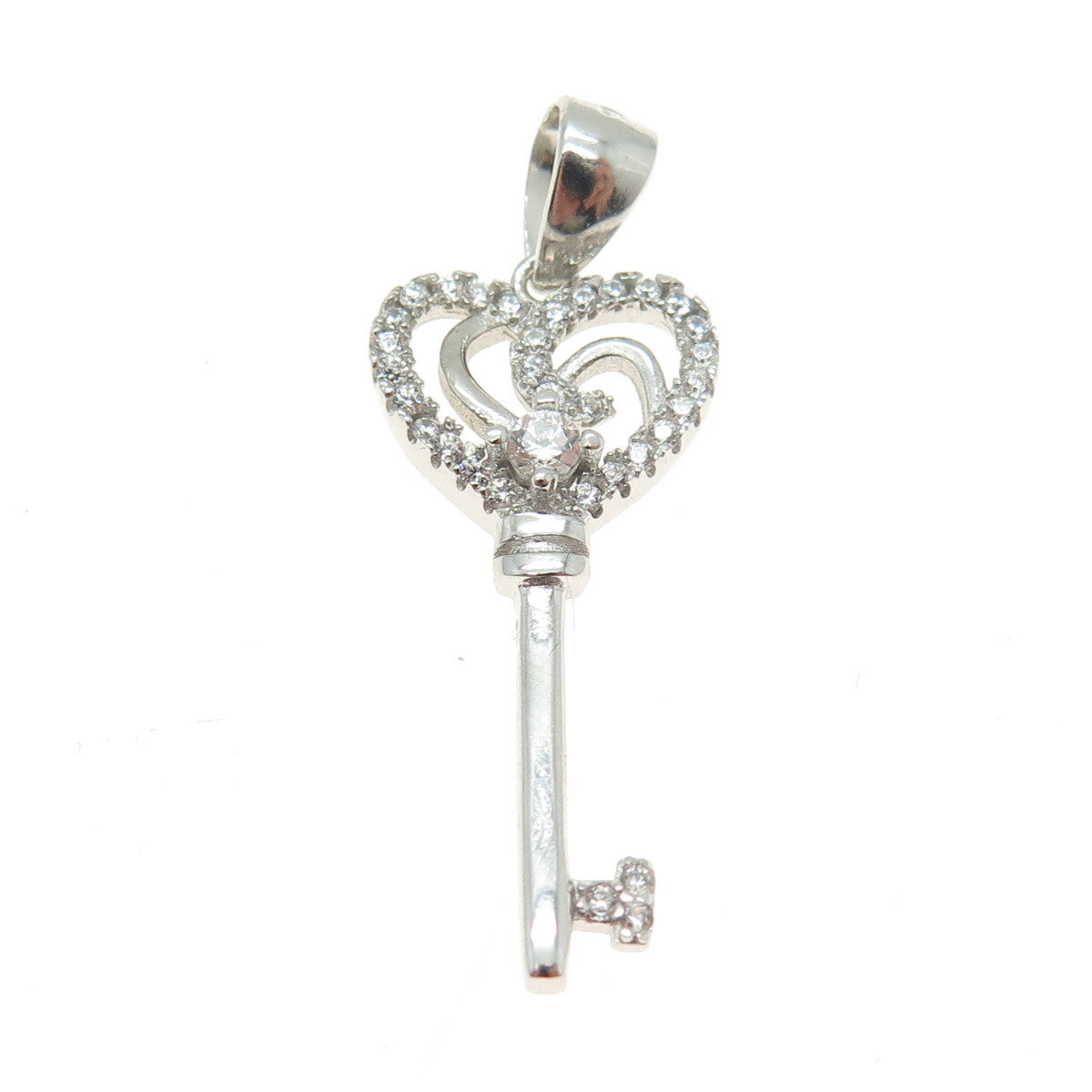 925 Sterling Silver Round-Cut C Z Heart Key Charm Pendant