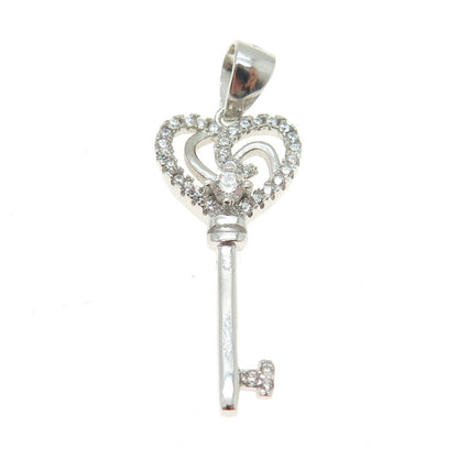 925 Sterling Silver Round-Cut C Z Heart Key Charm Pendant
