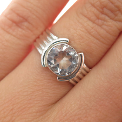 925 Sterling Silver Vintage Round-Cut Clear Crystal Modernist Ring Size 6.25