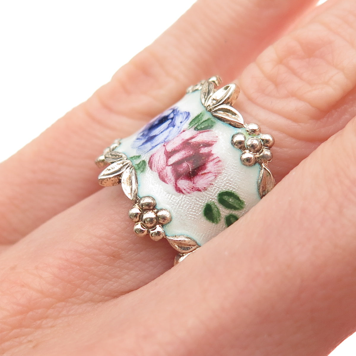 Joseph Esposito Sterling Silver Gold Plated Antique Enamel Floral Ring Size 6.25