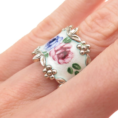 Joseph Esposito Sterling Silver Gold Plated Antique Enamel Floral Ring Size 6.25