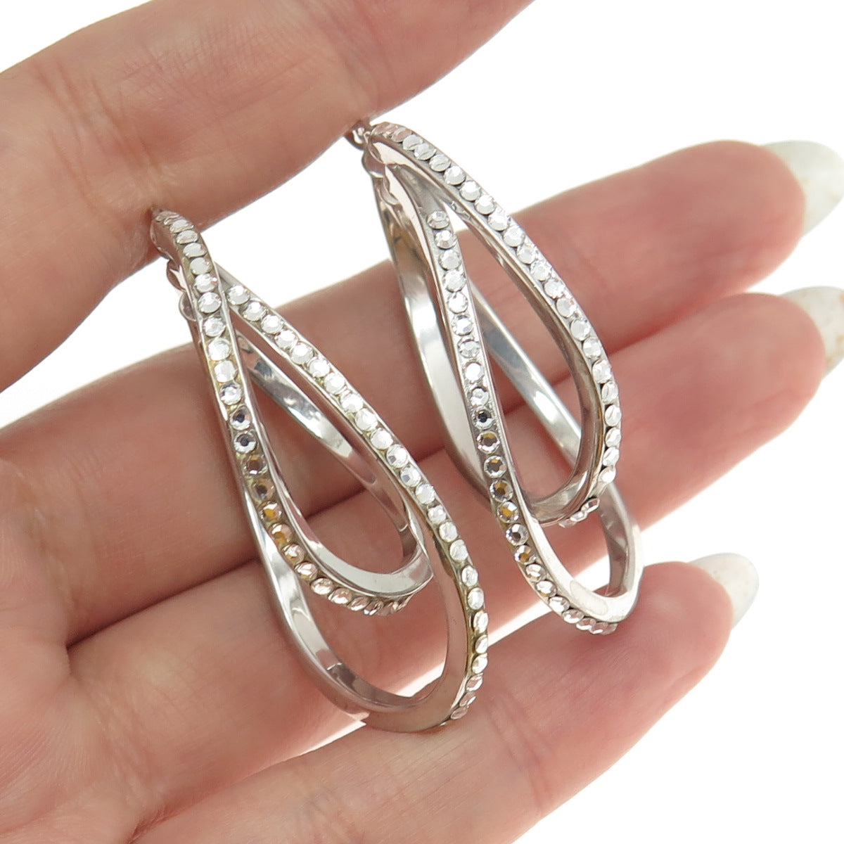 MILOR 925 Sterling Silver Italy Rhinestone Modernist Hinged Hoop Earrings