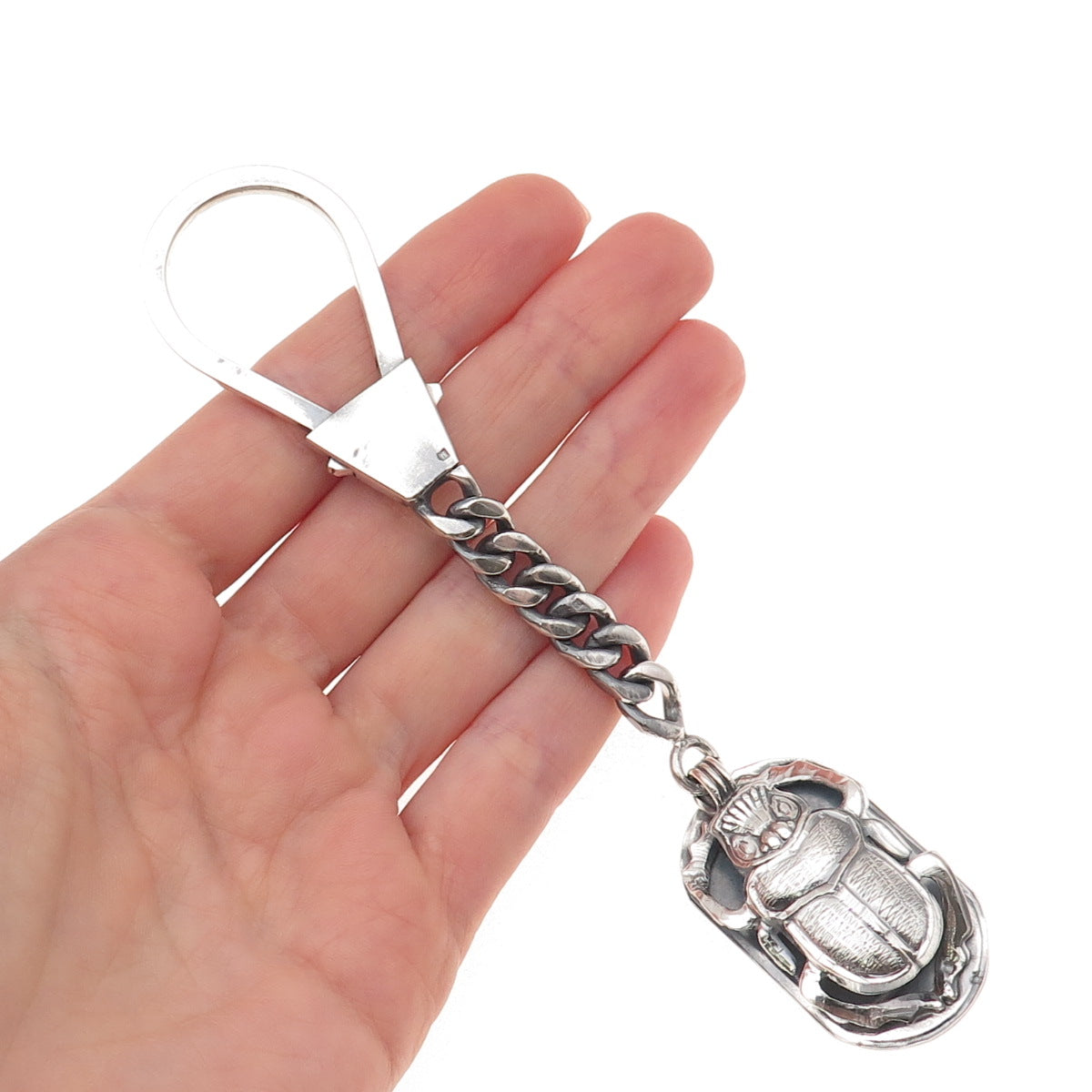 800 Silver Vintage Egypt Scarab Oxidized Key Fob Chain