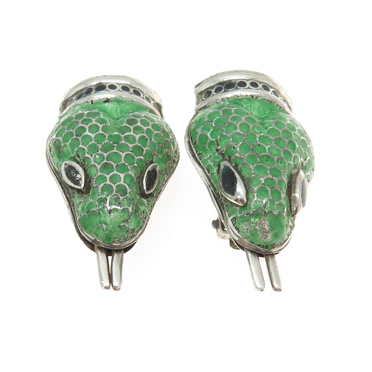 JAIME QUIROZ ALBA 925 Sterling Silver Vintage Mexico Enamel Snake Earrings