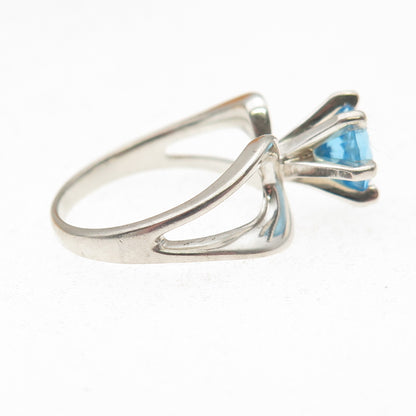 925 Sterling Silver Vintage Real Round-Cut Blue Topaz Modernist Ring Size 6.25