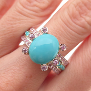 925 Sterling Silver Real Turquoise Pink Topaz & Sapphire Ring Size 8