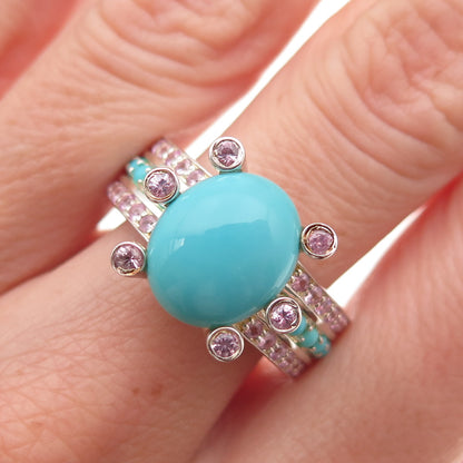 925 Sterling Silver Real Turquoise Pink Topaz & Sapphire Ring Size 8