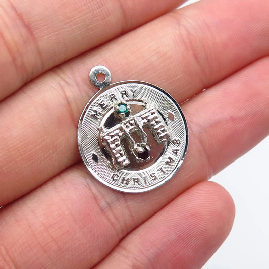925 Sterling Silver Vintage Multi-Color Rhinestone "Merry Christmas" Pendant
