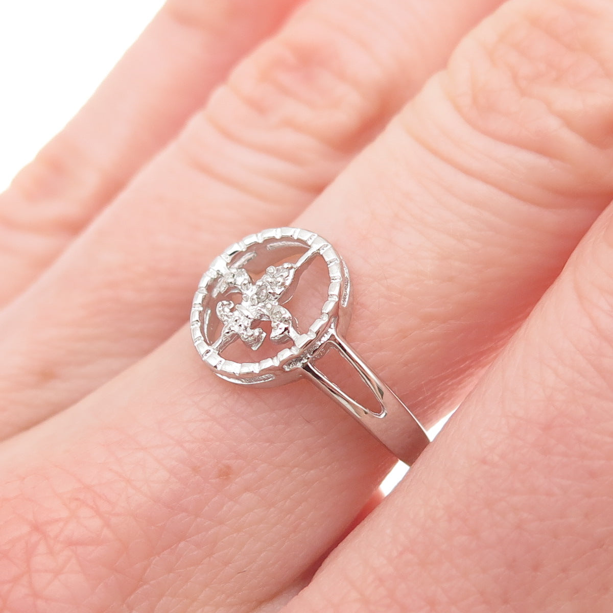 925 Sterling Silver Real Round-Cut Diamond Fleur de Lis Ring Size 7