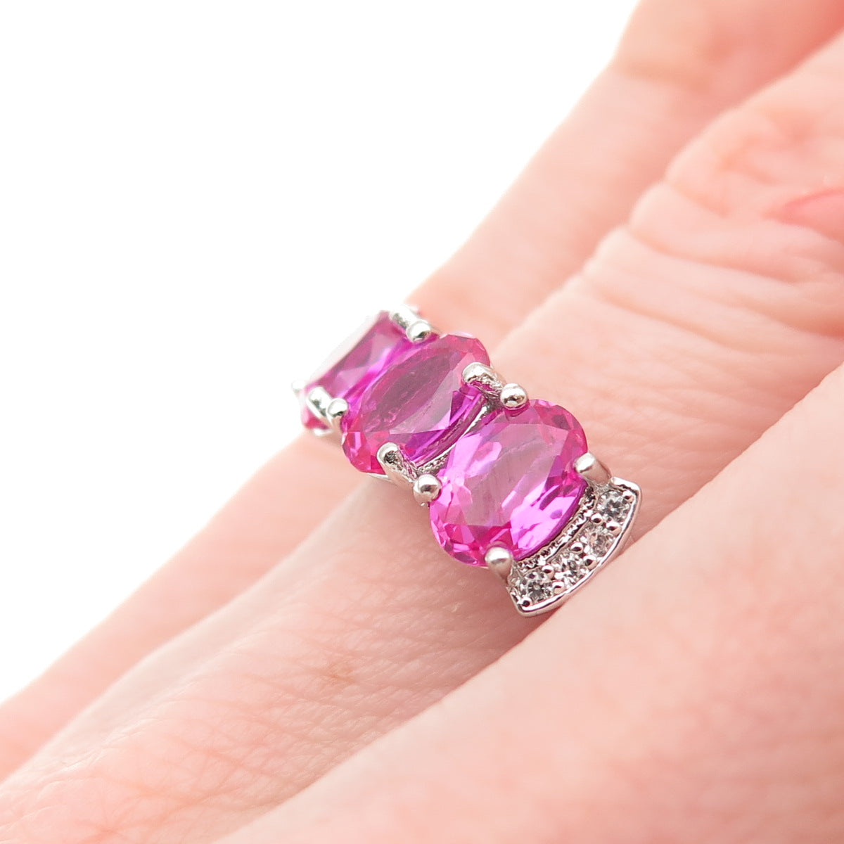 925 Sterling Silver Real White Topaz & Lab-Created Ruby Ring Size 6