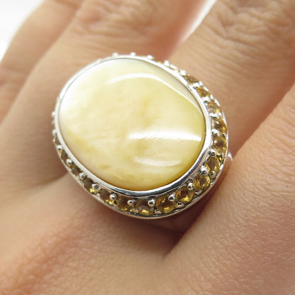 925 Sterling Silver Vintage Cream Mother-of-Pearl & Citrine Gem Ring Size 10.25