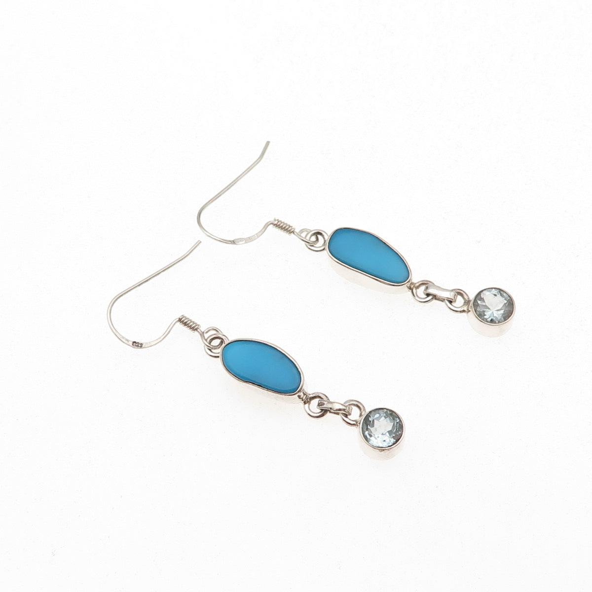 925 Sterling Silver Vintage Real Turquoise & Blue Topaz Dangle Earrings