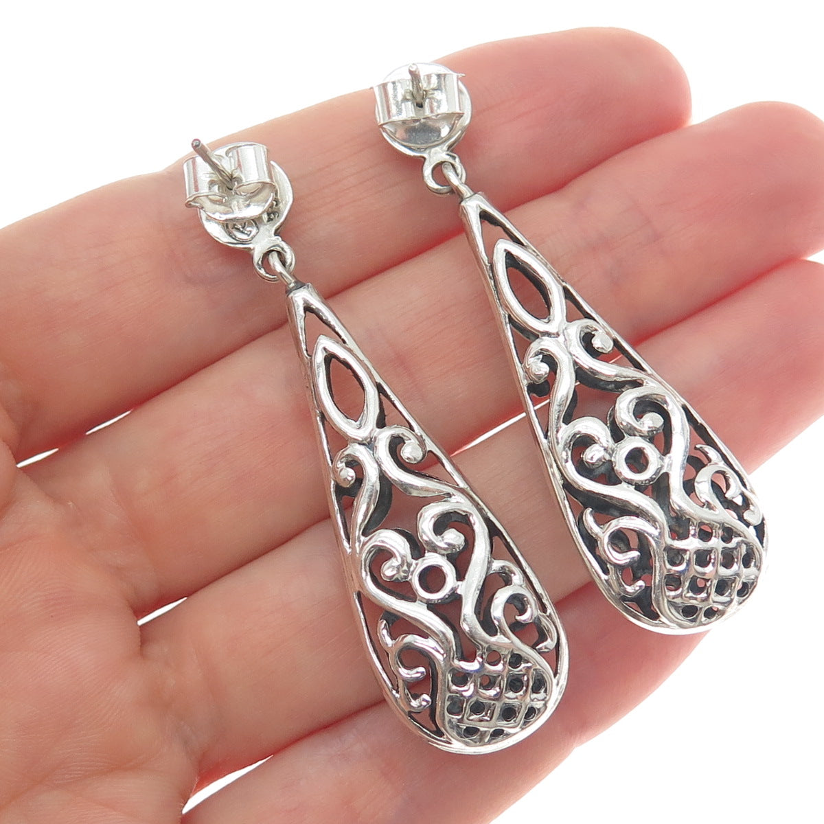 PLATELLA 950 Silver Vintage Swirl Teardrop Dangle Earrings