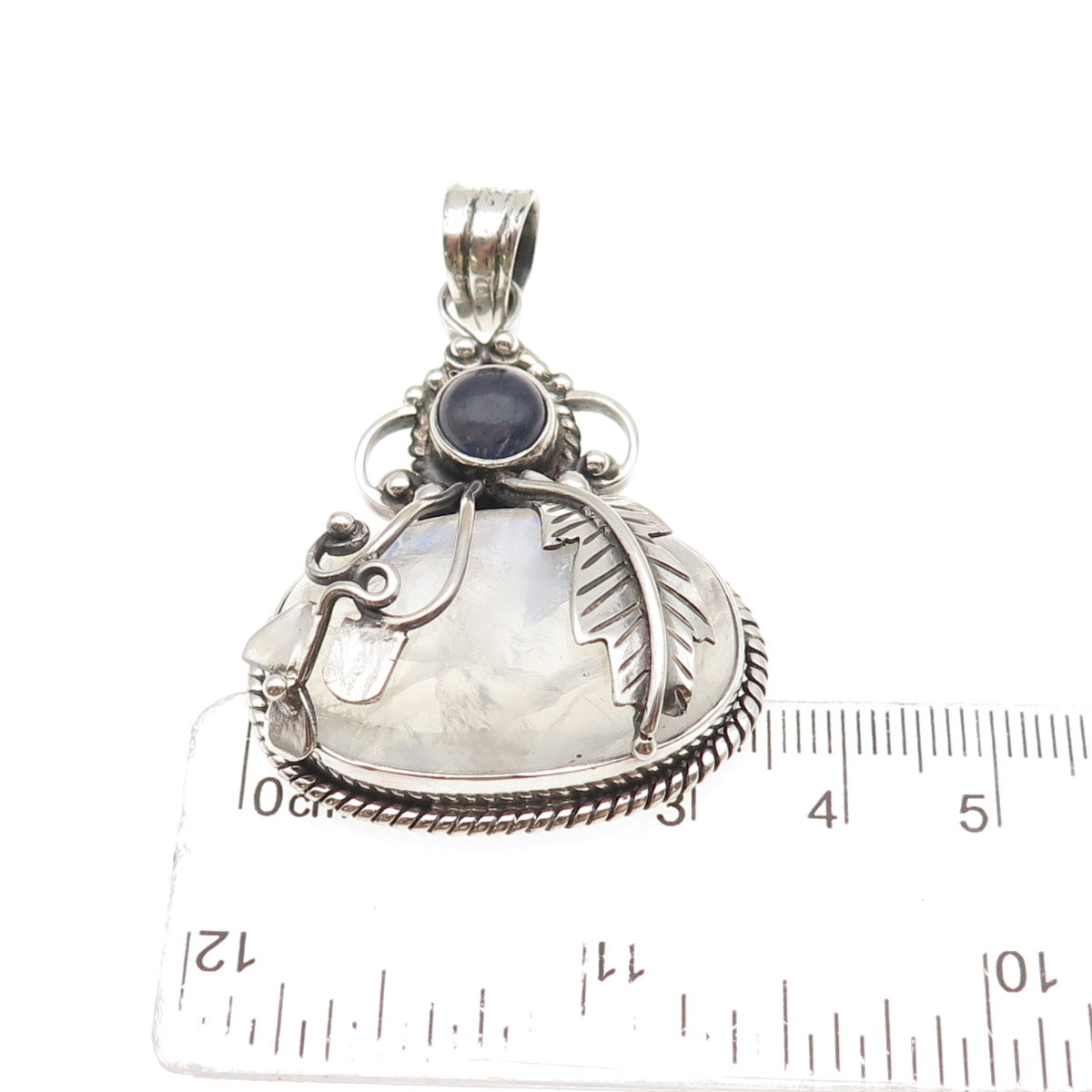 925 Sterling Silver Vintage Real Moonstone & Iolite Feather Large 22.4g Pendant
