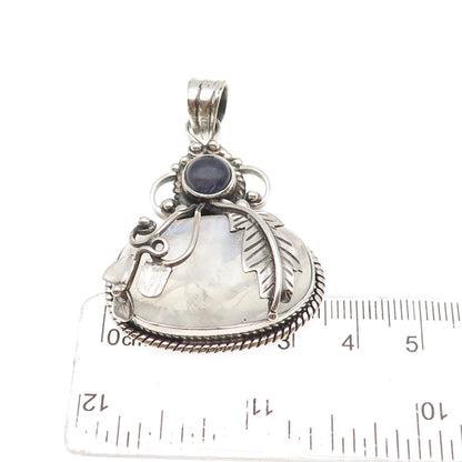 925 Sterling Silver Vintage Real Moonstone & Iolite Feather Large 22.4g Pendant