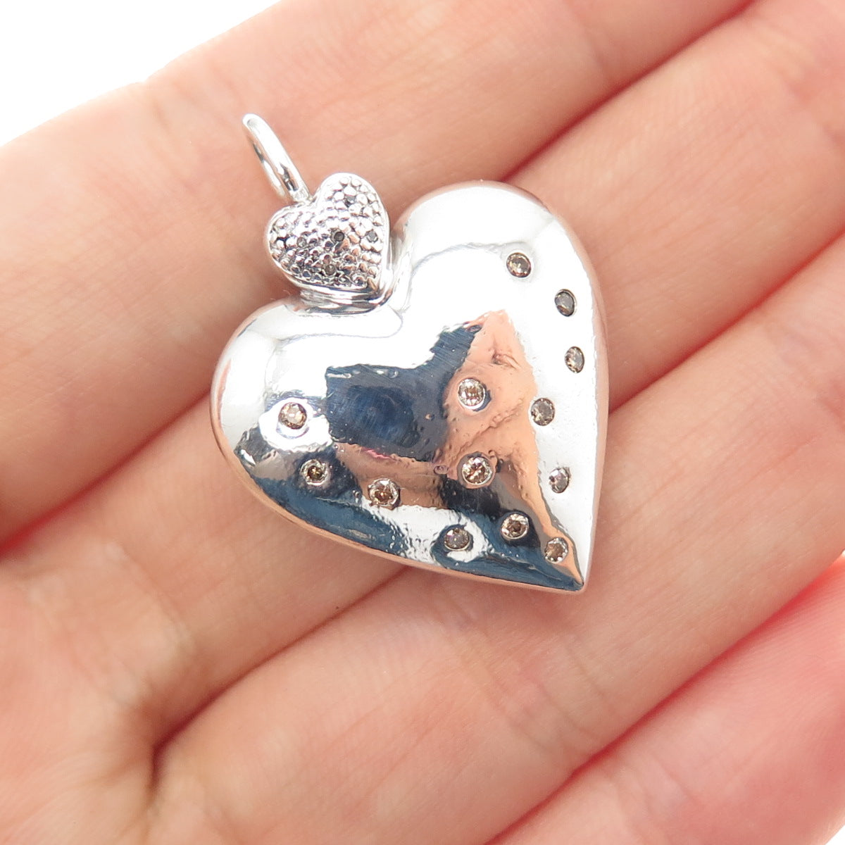 925 Sterling Silver Real Round-Cut Diamond Double Heart Charm Pendant