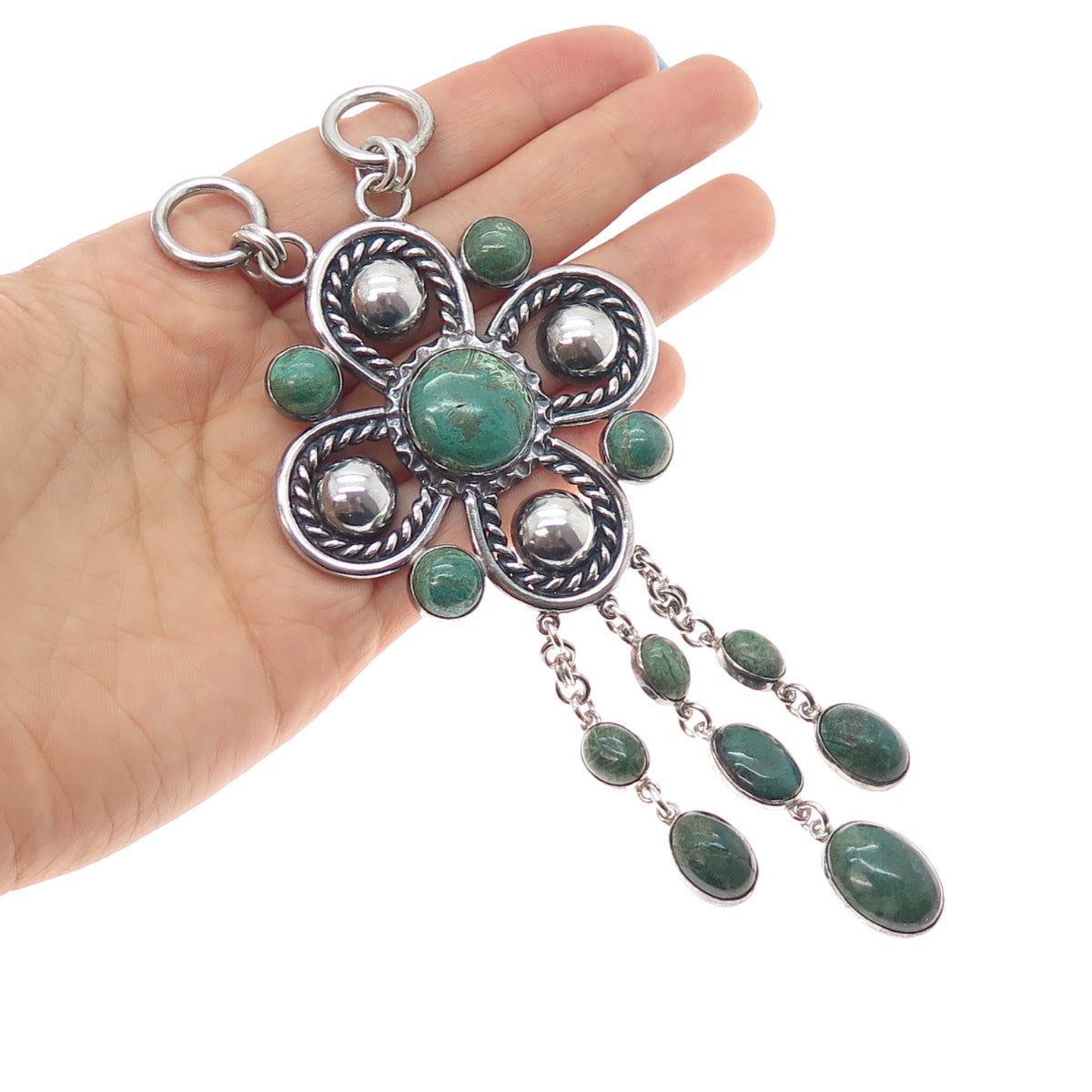 925 Sterling Silver Vintage Real Royston Turquoise Flower Centerpiece Pendant