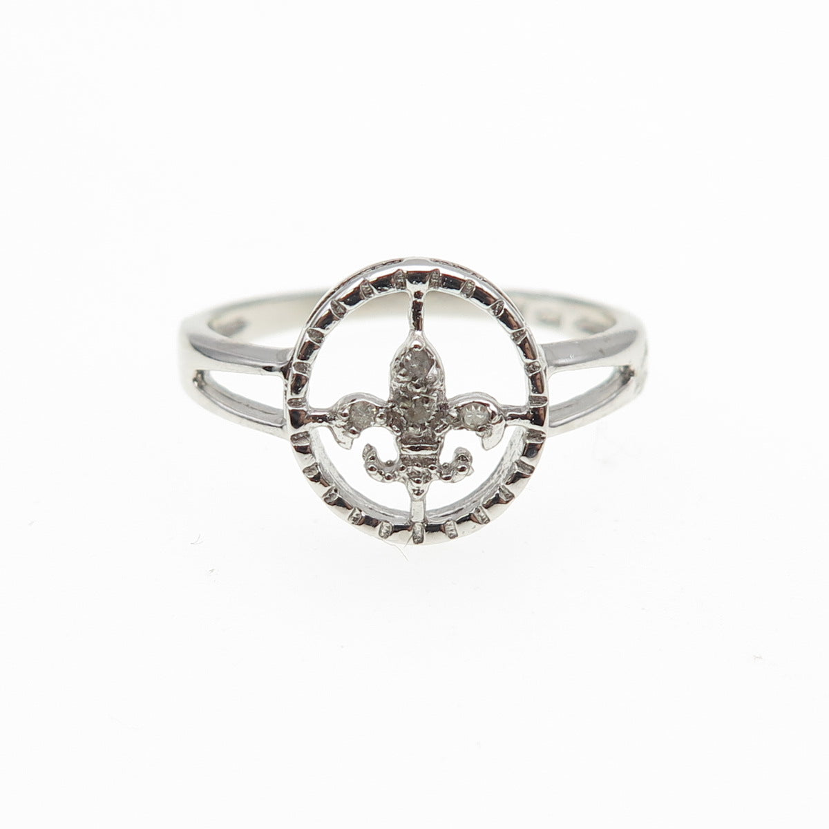 925 Sterling Silver Real Round-Cut Diamond Fleur de Lis Ring Size 7