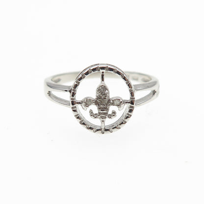 925 Sterling Silver Real Round-Cut Diamond Fleur de Lis Ring Size 7