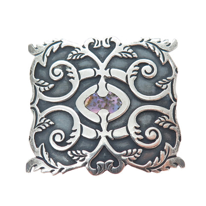 925 Sterling Silver Vintage Real Abalone Shell Floral Leaf Oxidized Pin Brooch