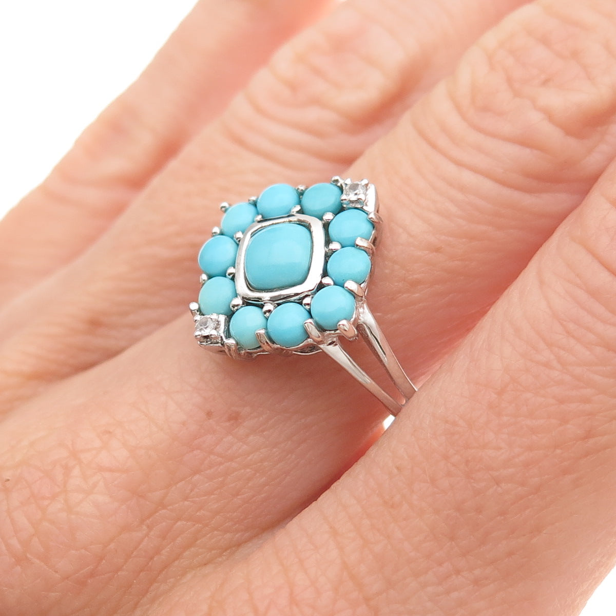 925 Sterling Silver Real Sleeping Beauty Turquoise & White Topaz Ring Size 8