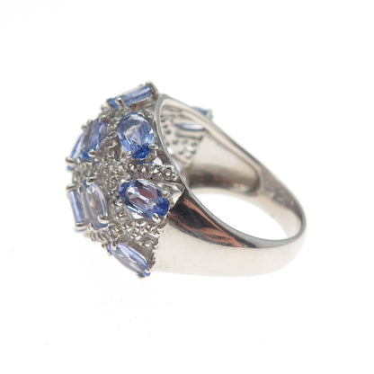 925 Sterling Silver Real Oval-Cut Tanzanite & Round-Cut White Topaz Ring Size 7