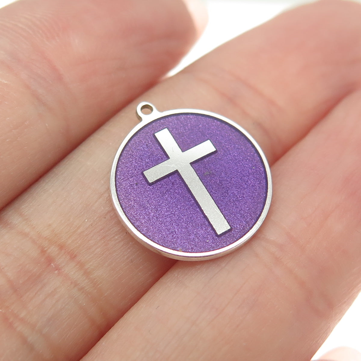 Tokemoti 925 Sterling Silver Purple Enamel Cross Round Tag Minimalist Pendant