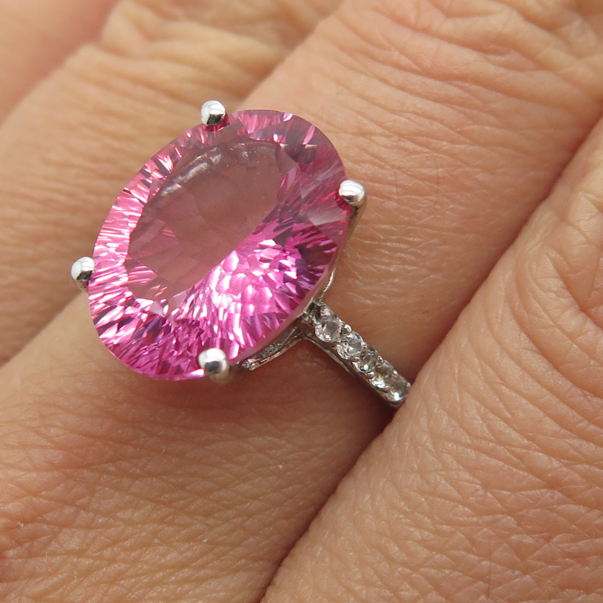 SUN Sterling Silver Oval-Cut Lab-Created Pink Sapphire & White Topaz Ring Size 7