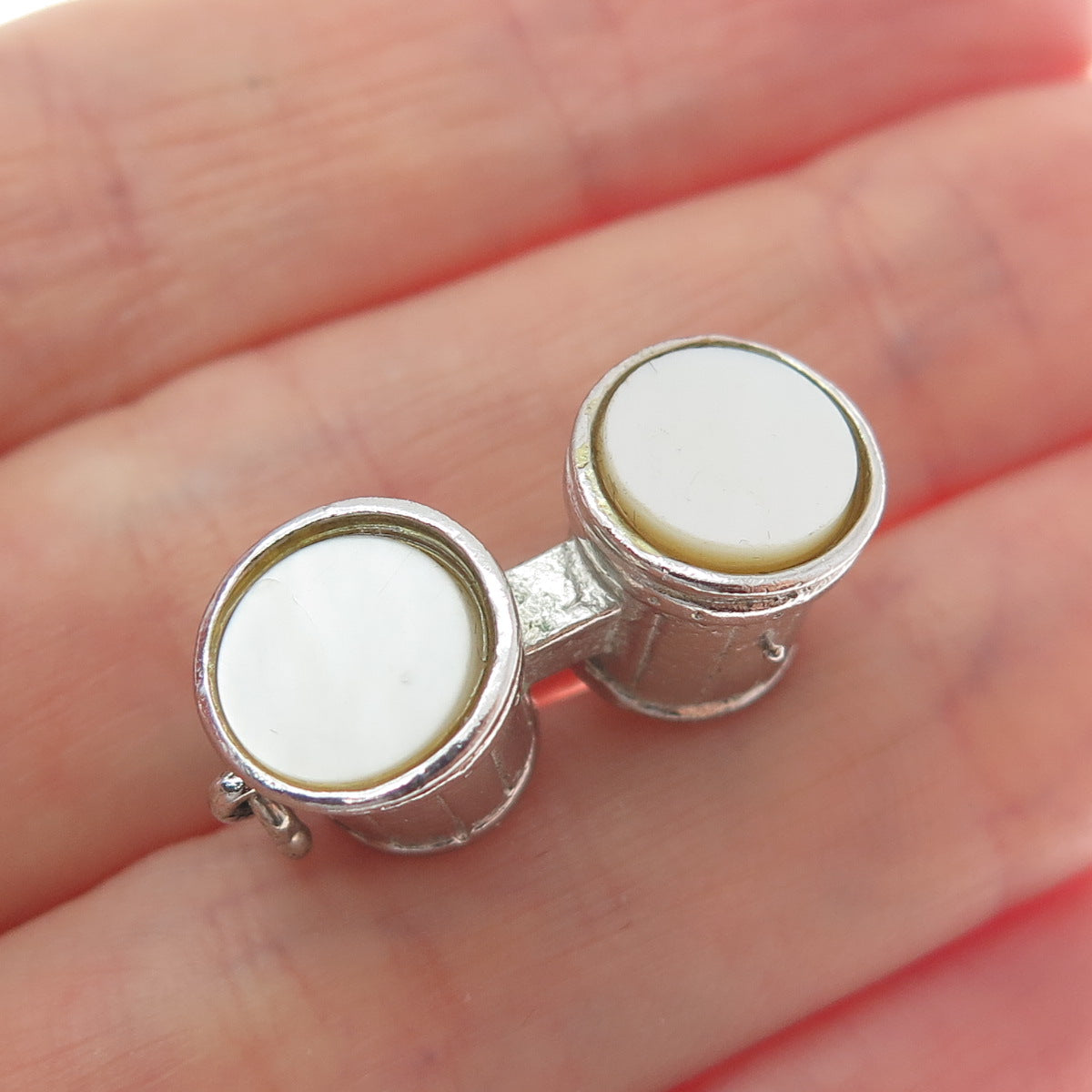 925 Sterling Silver Vintage Real MOP Bongos Drums Minimalist 3D Charm Pendant