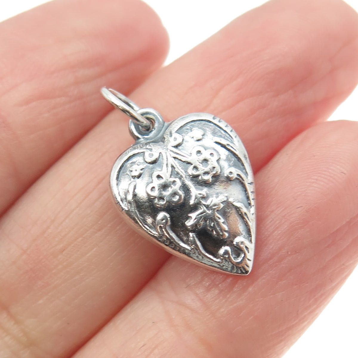 925 Sterling Silver Antique Art Deco Ornate Heart Charm Pendant