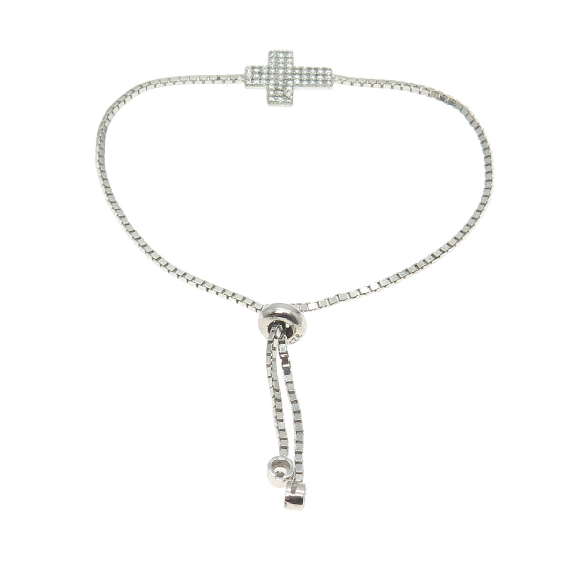 925 Sterling Silver Pave C Z Cross Box Link Bracelet 9.5"