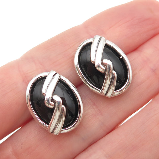 925 Sterling Silver Vintage Real Black Onyx Modernist Twisted Earrings