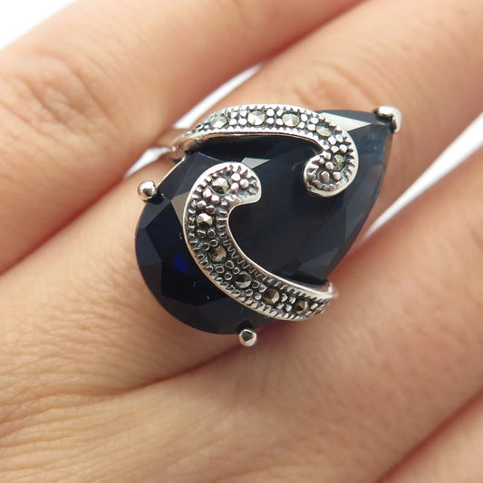 925 Sterling Silver Vintage Glass & Marcasite Wrapped Teardrop Ring Size 6.25