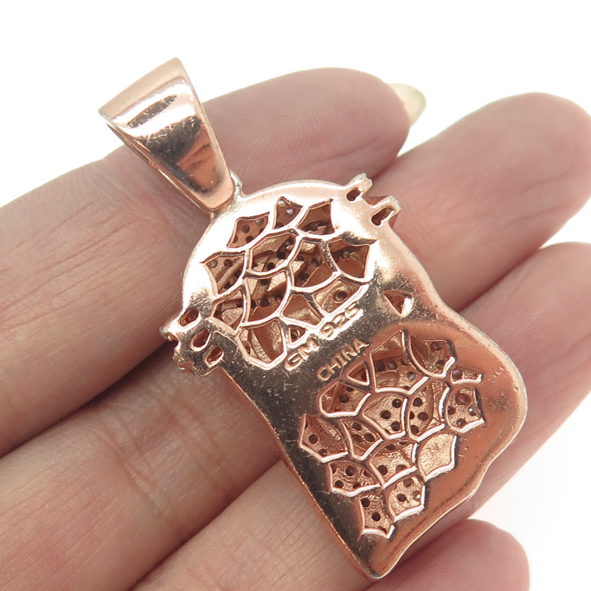 925 Sterling Silver Rose Gold Plated Pave C Z Jesus Religious Pendant