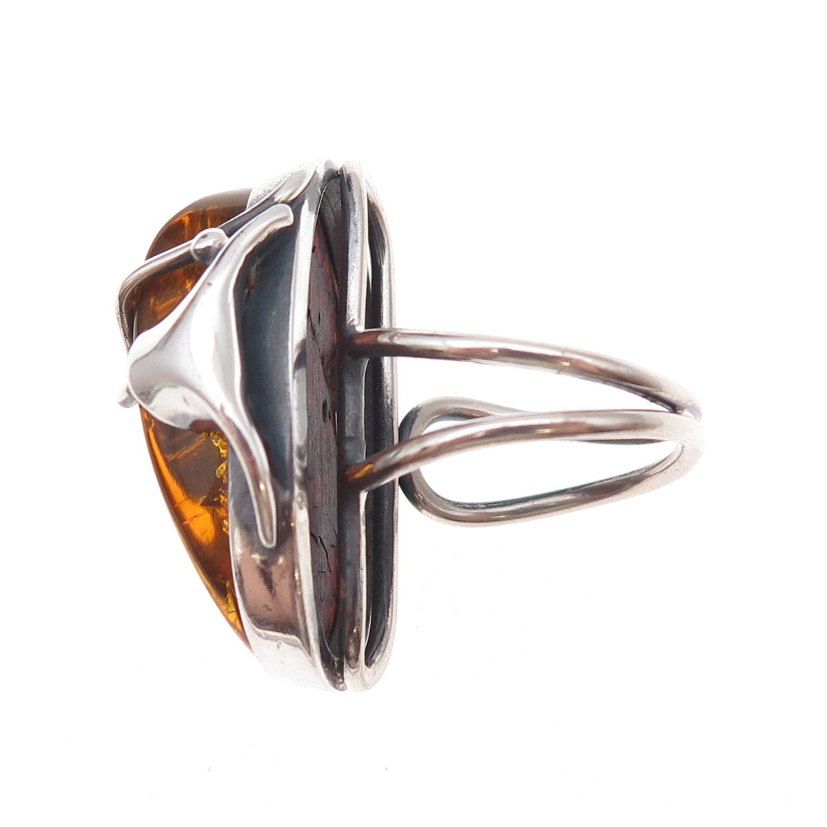 925 Sterling Silver Vintage Real Amber Modernist Oxidized Ring Size 8.25