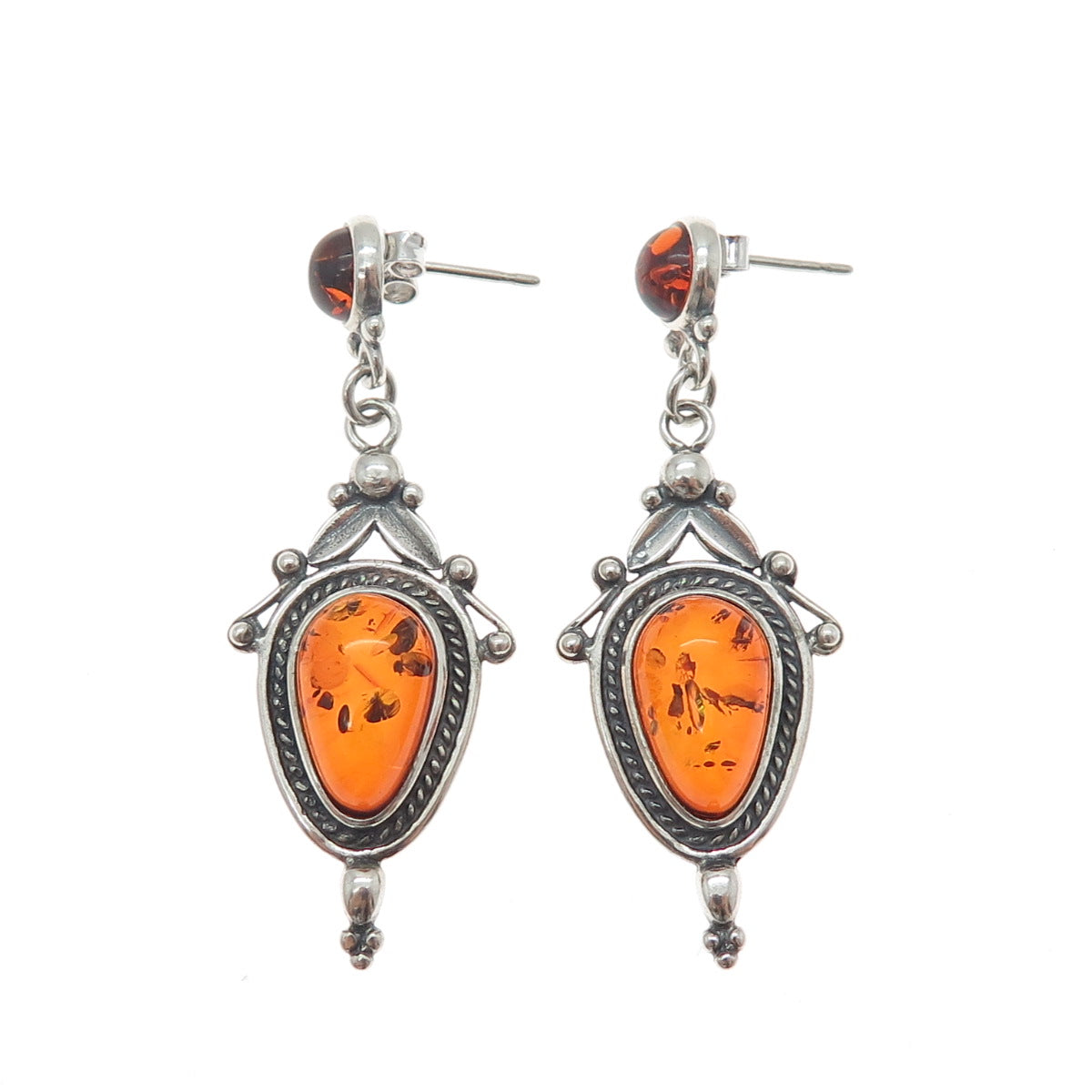 925 Sterling Silver Vintage Real Amber Modernist Floral Oxidized Dangle Earrings