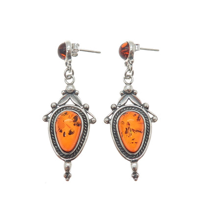 925 Sterling Silver Vintage Real Amber Modernist Floral Oxidized Dangle Earrings