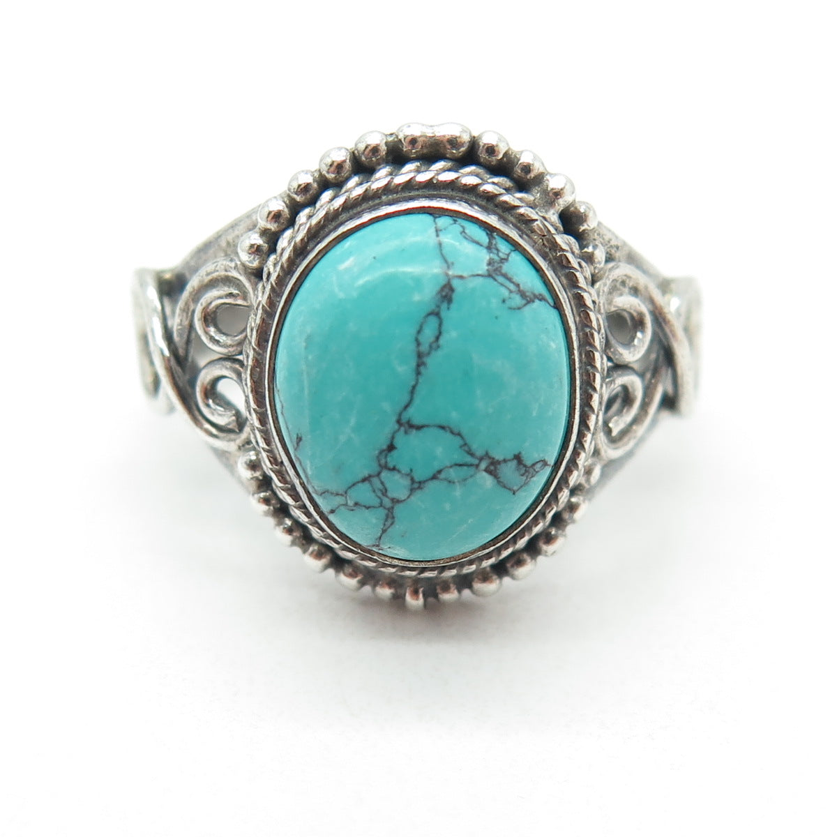 925 Sterling Silver Vintage Real Turquoise Swirl Ring Size 5.75