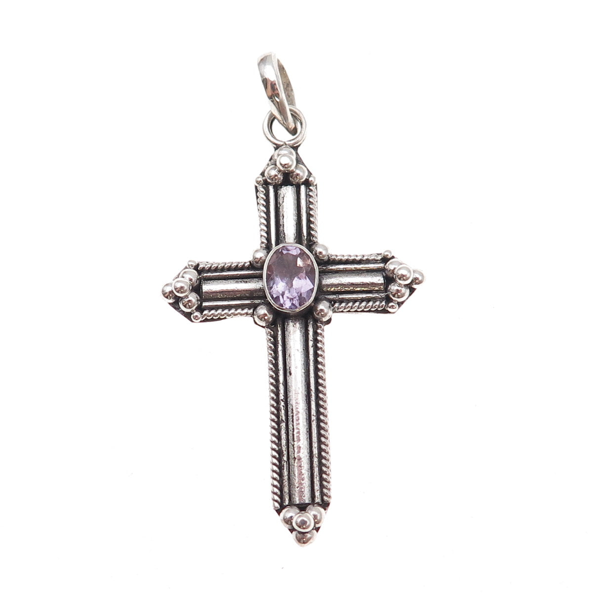 925 Sterling Silver Vintage Real Amethyst Cross Oxidized Pendant