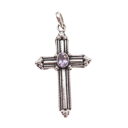 925 Sterling Silver Vintage Real Amethyst Cross Oxidized Pendant