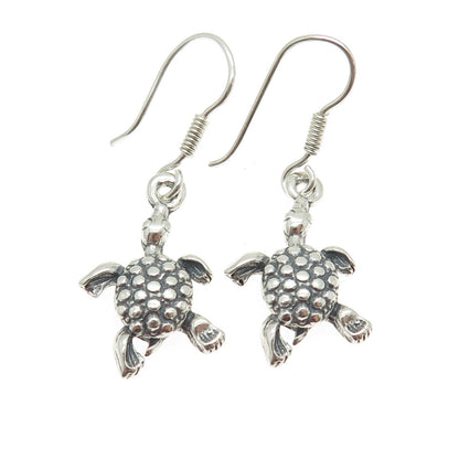 925 Sterling Silver Vintage Turtle Oxidized Dangle Earrings