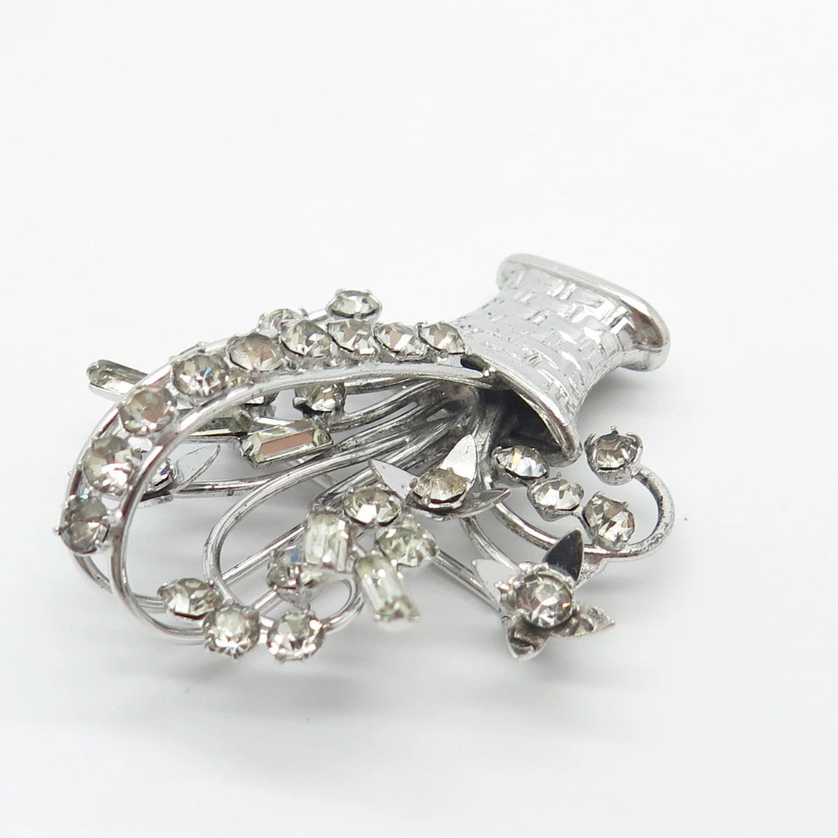 925 Sterling Silver Vintage Carl Art Rhinestone Floral Basket Pin Brooch