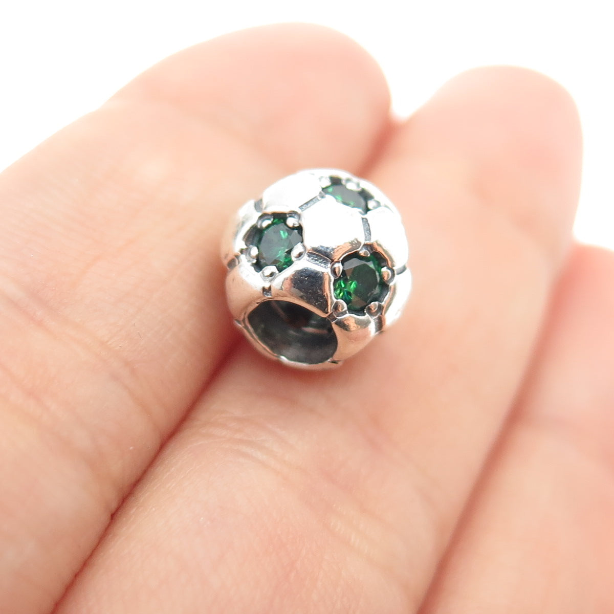 PANDORA 925 Sterling Silver Real Chrome Diopside Soccer Ball Slide Bead Charm
